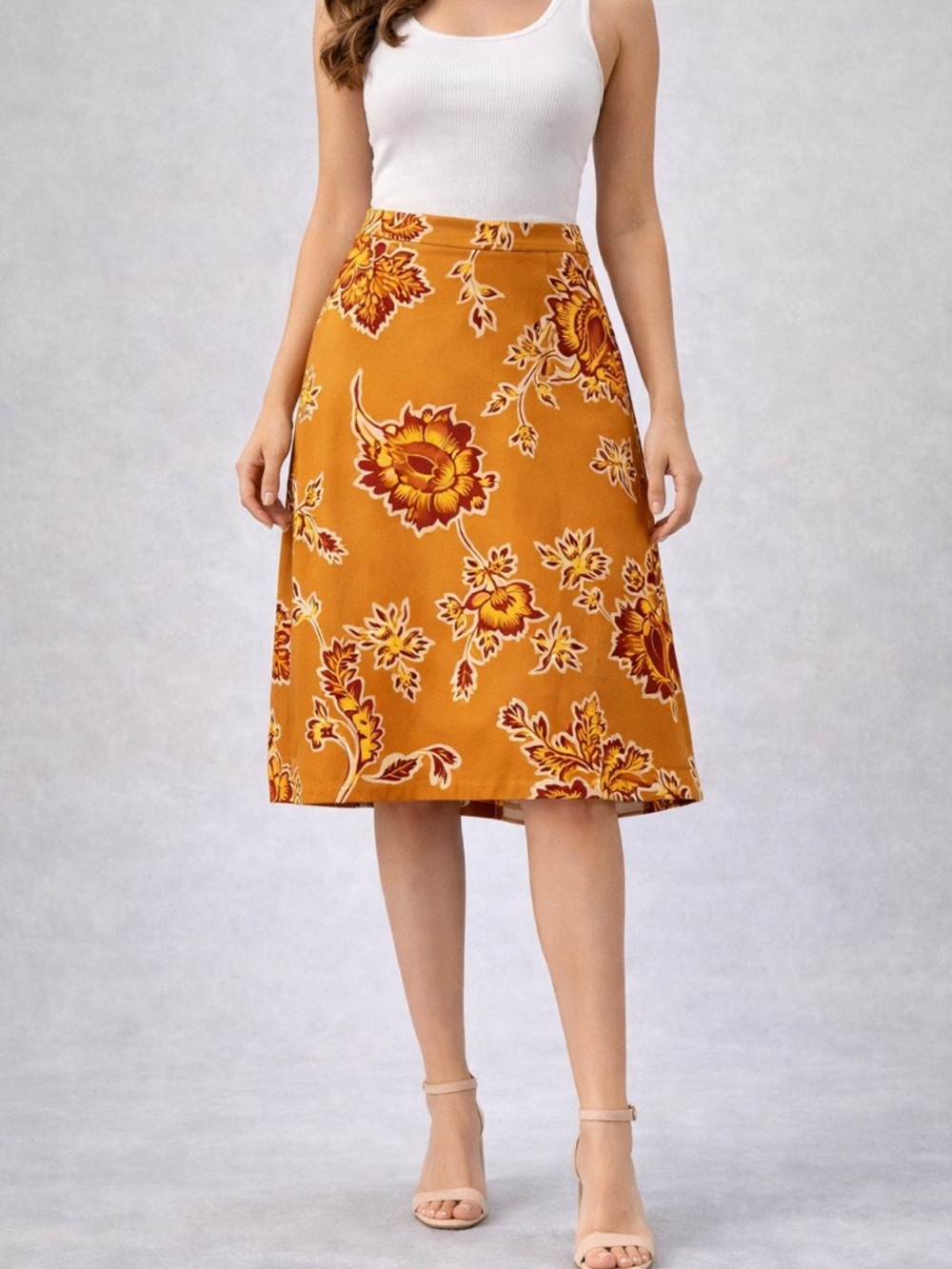 Valerie Stevens Petite 12P Vintage Floral A-Line Skirt Mustard Brown